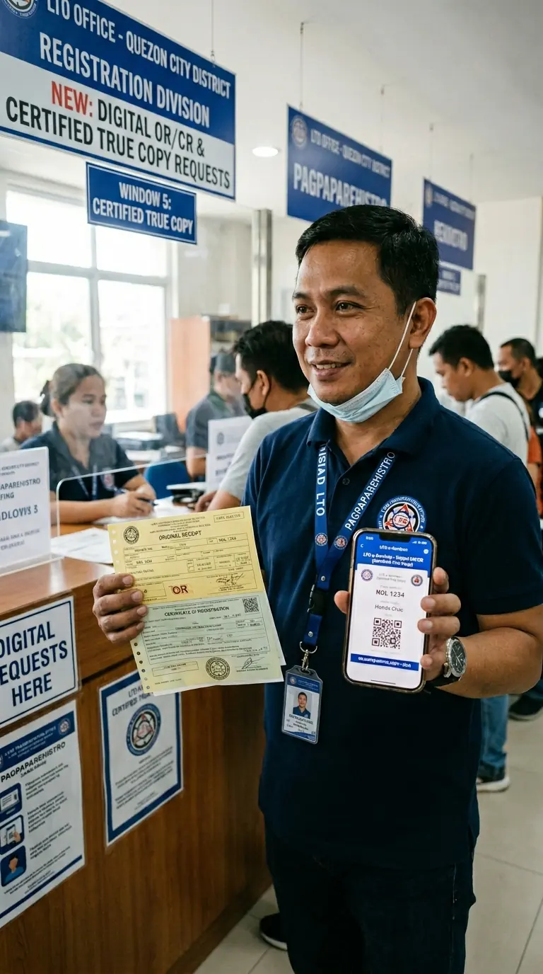 Vehicle owner holding an OR/CR at an LTO office counter for a Certified True Copy request