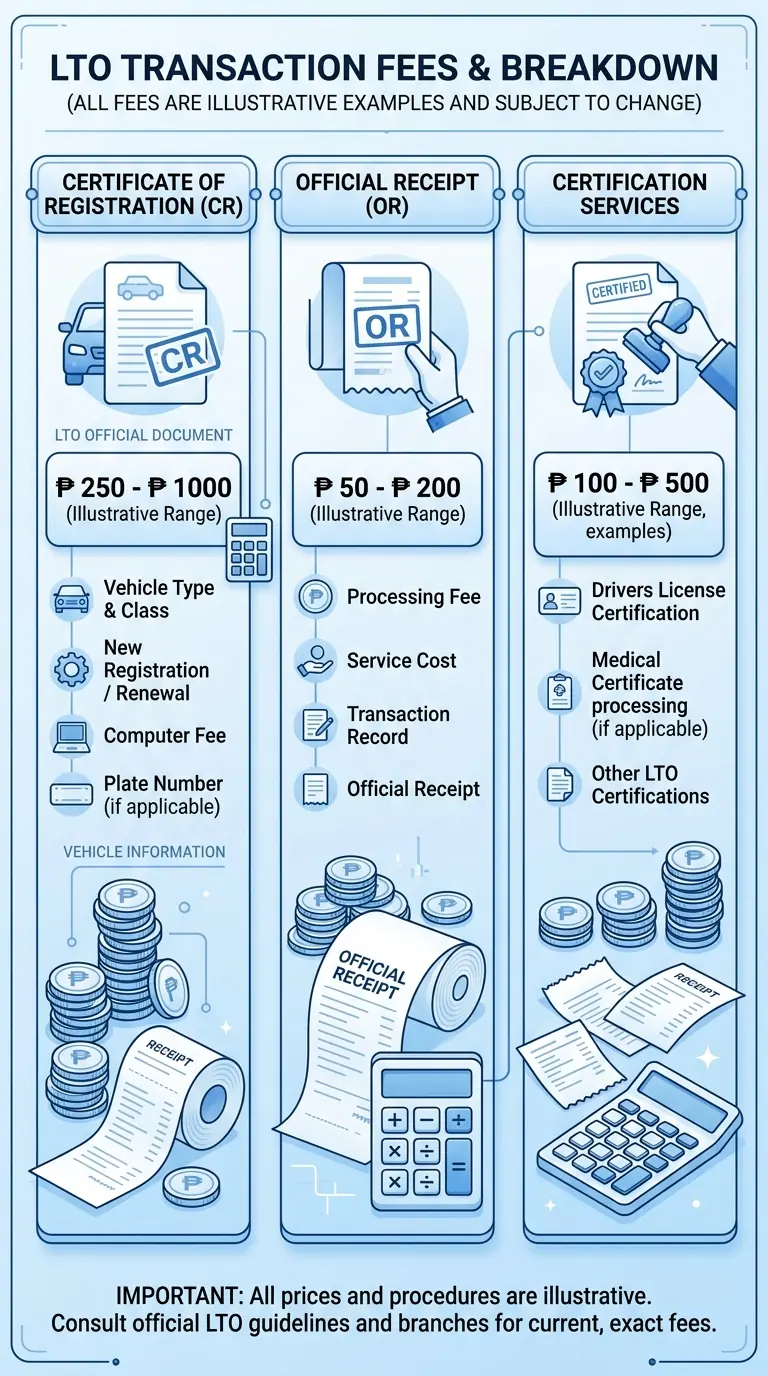 LTO transaction fees breakdown for CR, OR, and certification services (illustrative ranges)
