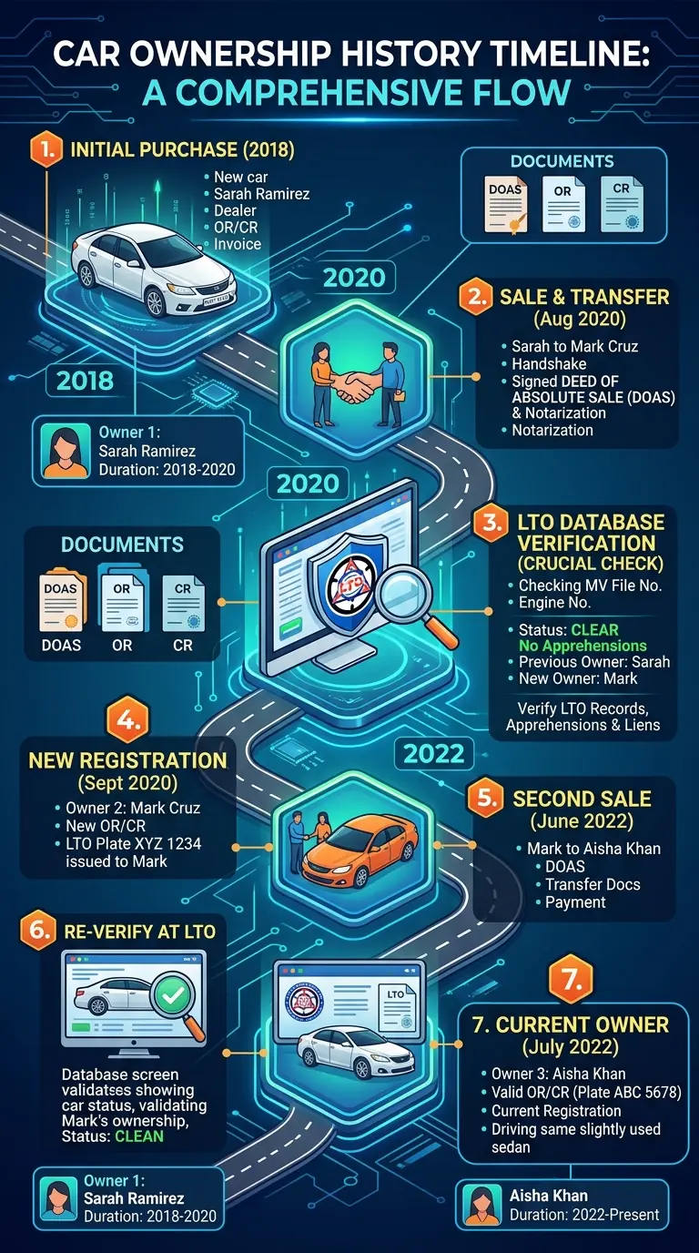 Car ownership history timeline showing how to trace a vehicle's past owners through LTO records